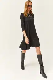 Women's Black Crew Neck Raised Dress