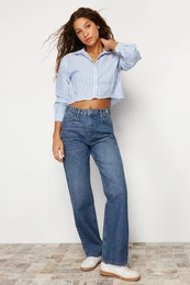 Blue Waist Detailed High Waist Wide Leg Jeans