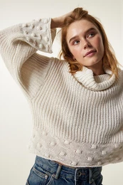 Happiness stanbul Women's Cream Turtleneck Textured Seasonal Knitwear Sweater
