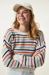 Happiness stanbul Women's Cream Striped Seasonal Knitwear Sweater