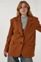 Happiness stanbul Women's Tan Premium Suede Blazer Jacket