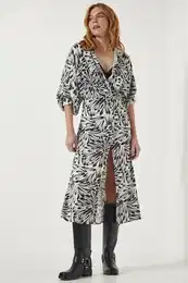 Happiness stanbul Women's Black and White Patterned Buttoned Satin Surface Elegant Dress