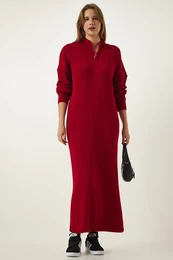 Happiness stanbul Women's Red Zipper Collar Ribbed Long Knitwear Dress