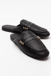 165 Genuine Leather Black Straw Women's Slippers