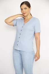 ans Women's Blue Plus Size V-Neck Front Decorative Buttoned Camisole Fabric Short Sleeve Blouse