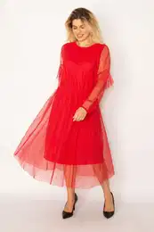 ans Women's Plus Size Colorful Elastic Waist And Arms Detailed Lined Tulle Dress