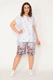 ans Women's Plus Size Blue Kiss blouse with a collar and an elastic waist Bermuda Suit
