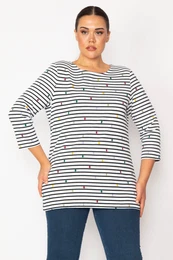 ans Women's Plus Size Bone Line And Points Patterned Capri Sleeved Tunic