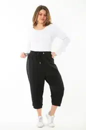 Dmsk ern plus size kalhoty s oky v pase, nrovnm a elastickm capri.