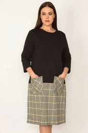 ans Women's Plus Size Black Skirt Checked Patterned Pocket Dress