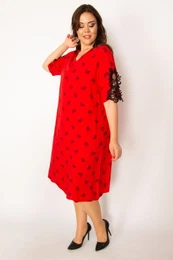 ans Women's Plus Size Red Woven Viscose Dress With V-Neck Lace Detail