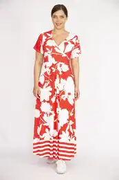 ans Women's Red Plus Size Wrap Collar Long Dress