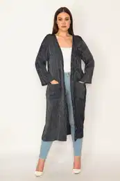 ans Women's Plus Size Navy Blue Stripe And Pocket Detailed Unlined Long Cap