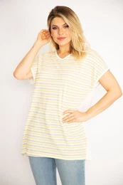 ans Women's Plus Size Bone Front Stripe Plain Low Sleeve Viscose Blouse