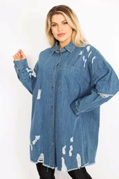 Women's Plus Size Blue Ripped Detailed Loose Cut Oversized Denim Tunic Jacket