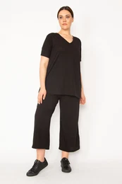 ans Women's Black Camisole Knitted Elastic Waist Wide Leg Trousers V-Neck Blouse Suit