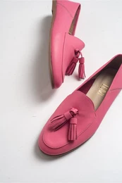 F04 Pink Skin Genuine Leather Tassel Women's Loafer Shoes