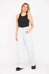 ans Women's Plus Size Blue Washed Effect Ripped Detailed High Waist Denim Trousers