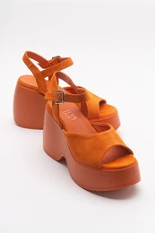 Abbon Women's Orange Suede Genuine Leather Wedge Heel Sandals