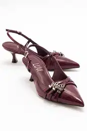 WOSS Burgundy Patent Leather Belt Detail Women's Heeled Shoes