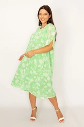 Women's Plus Size Green Lined Chiffon Dress with Slit Sleeves