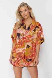 Tropical Patterned Woven Shirt Shorts Set