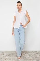 Pink Shoulder and Collar Embroidery Detailed Woven Shirt