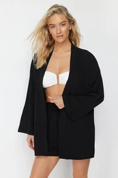 Black Woven Kimono Shorts Beach Set