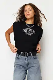 Black 100% Cotton Slogan Printed Regular/Regular Fit Crew Neck Knitted T-Shirt