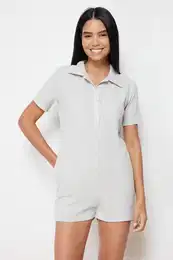 Gray Waffle Button Detailed Shirt Collar Knitted Overalls