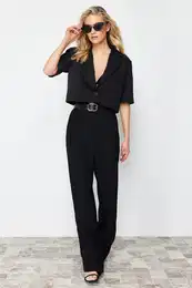 Black Crop Short Sleeve Woven Blazer Jacket