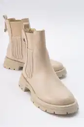 DENIS Beige Leather Elastic Women's Chelsea Boots
