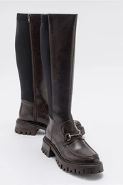 CHAPEL Women's Brown Skin Buckle Stretch Detail Women's Boots