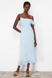 Light Blue Flounce Woven Chiffon Elegant Evening Dress