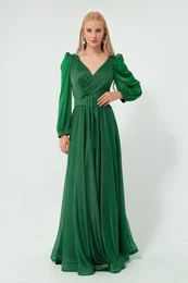 Women's Emerald Green Double Breasted Neck Silvery Long Flared Evening Dress