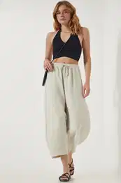 Happiness stanbul Women's Light Cream Pocketed Linen Viscose Shalwar Trousers