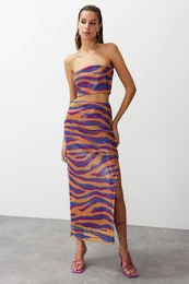 Multicolored Patterned, Fitted, Lined, Shiny Sequined Knitted Sequin Skirt