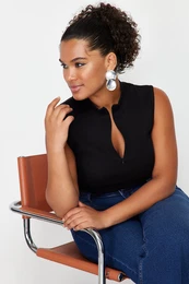 Curve Black Zippered 100% Cotton Ribbed Camisole Knit Plus Size Blouse