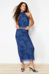 Indigo Draped Maxi Tulle Stretchy Knitted Skirt