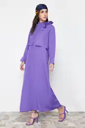 Purple Collar Tie Detailed Woven Dress