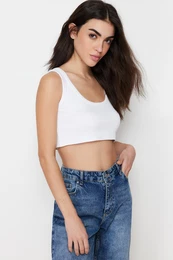 White Strap Crop Ribbed Flexible Knitted Undershirt
