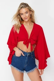 Red Crop Woven Flounce Beach Blouse