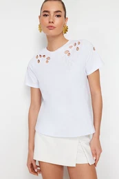 White Brode Embroidered Basic/Regular Fit Knitted T-Shirt