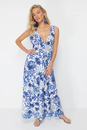 Tropical Patterned Maxi Woven Backless Beach Dress