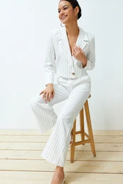 Ecru Regular Crop Striped Woven Blazer Jacket