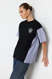 Black Oversize/Wide Fit Poplin Detailed Printed Knitted T-Shirt