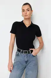 Black Polo Neck Buttoned Short Sleeve Stretchy Ribbed Knitted Blouse