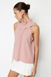 Pink Collar Detailed Smart Crepe Knitted Blouse