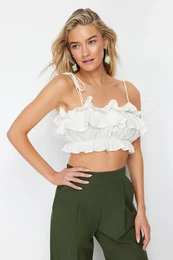 Ecru Crop Woven Ruffled 100% Cotton Beach Blouse