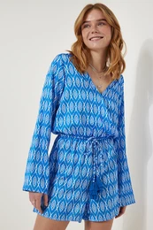 Happiness stanbul Women's Blue Patterned Satin Finish Elegant Jumpsuit